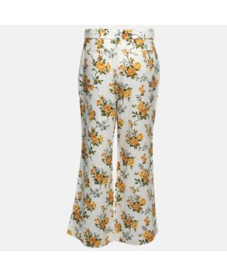 Women's White Floral Printed Linen Belted Straight Pants