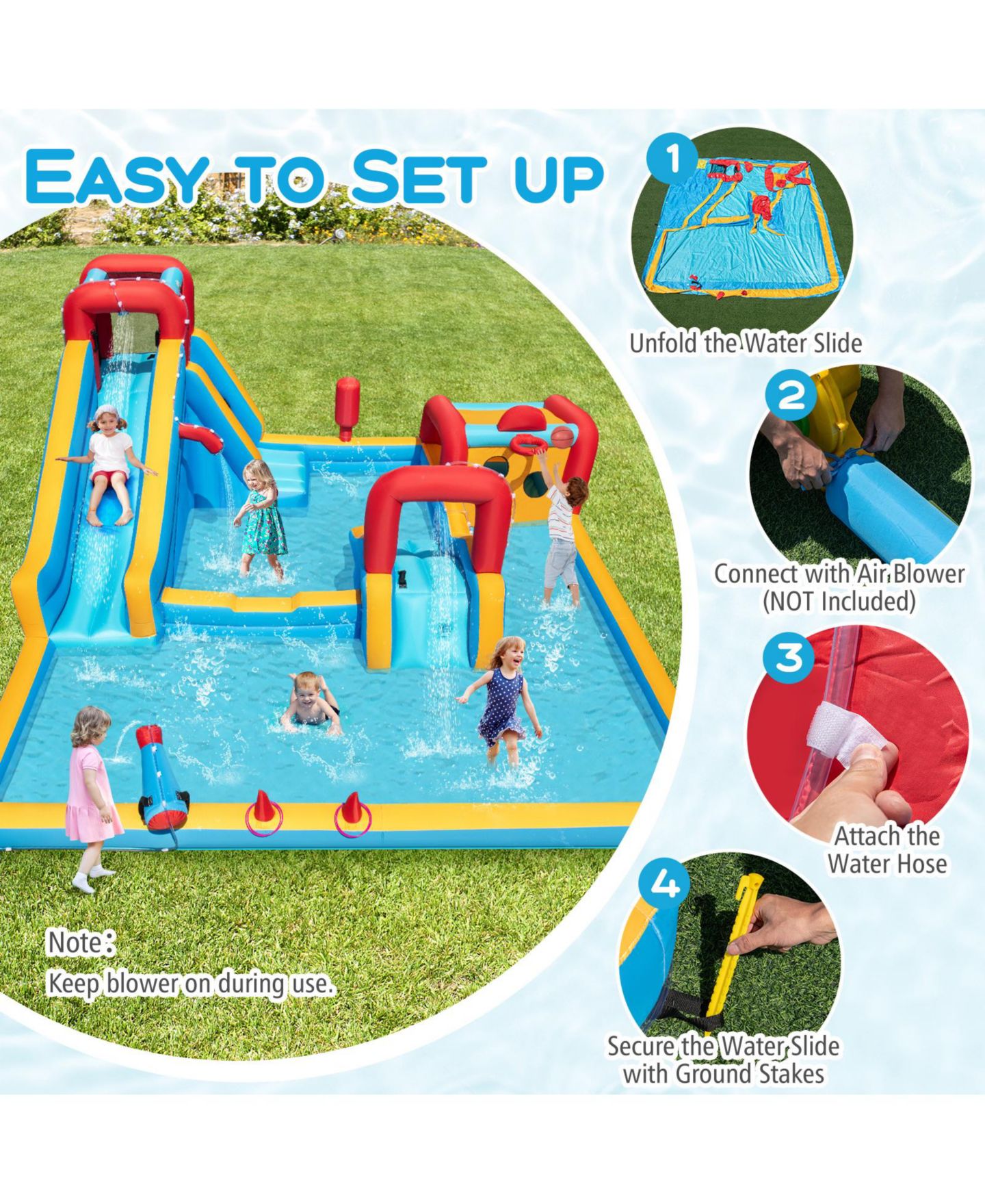 Детская игрушка SKONYON Double Water Slide Park 9-in-1 Water Slide Bounce House, Ages 3-10, цвет: Синий — фото 4