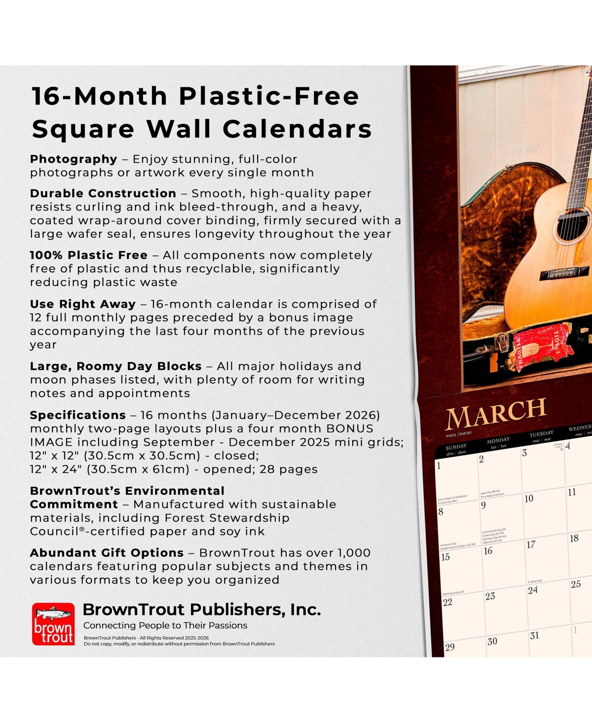 BrownTrout Vintage Guitars | 2026 12 x 24 Inch (Hanging) Monthly Square Wall Calendar | Foil Stamped Cover | Plastic-Free