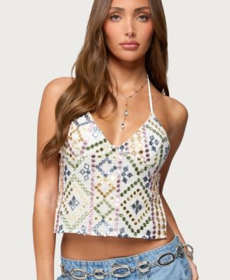 Women's Embroidered Sequin Backless Top