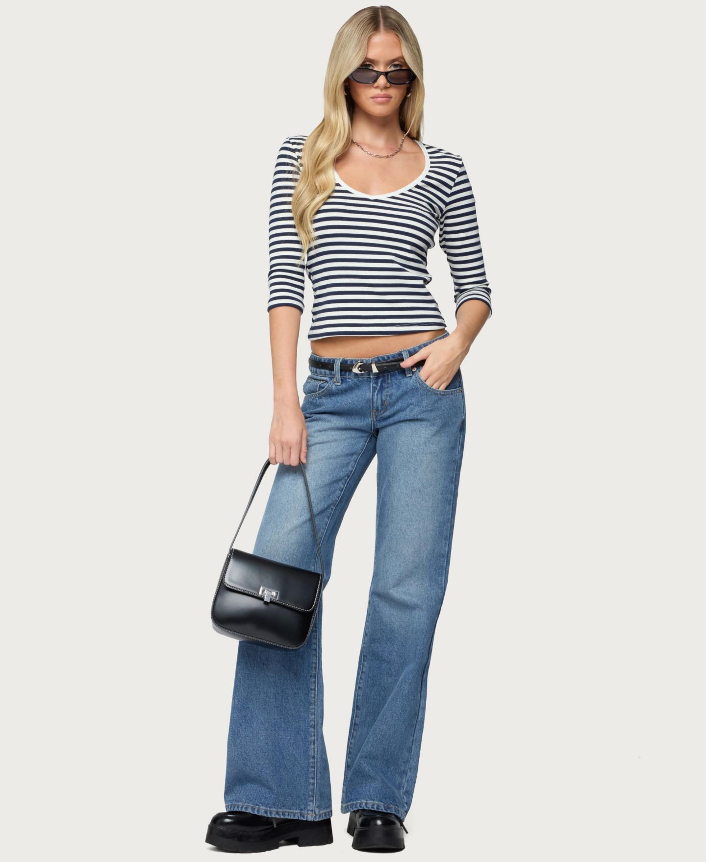 Женский топ Edikted Poppie Striped V Neck, цвет: Тёмно-синий белый — фото 5