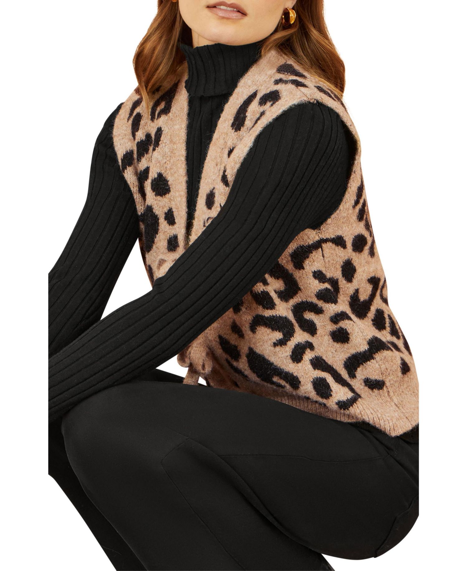 Women's Knitted Cheetah Print Tie Waistcoat