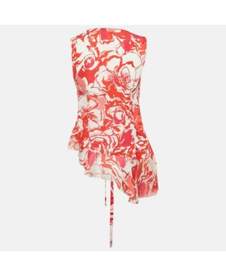 Women's Printed Silk Asymmetric Sleeveess Wrap Top