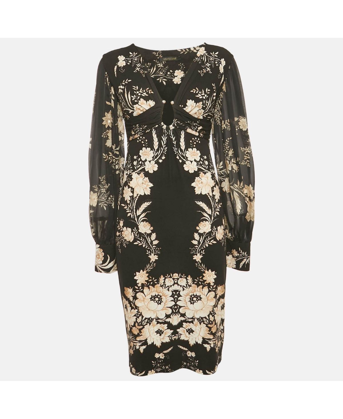 Pre-Owned Roberto Cavalli Women's Black Floral Print Jersey Ruche Neck Short Dress