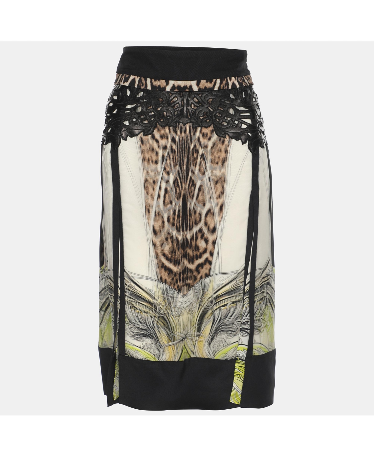 Pre-Owned Roberto Cavalli Women's Multicolor Printed Silk Side Slits Midi Skirts