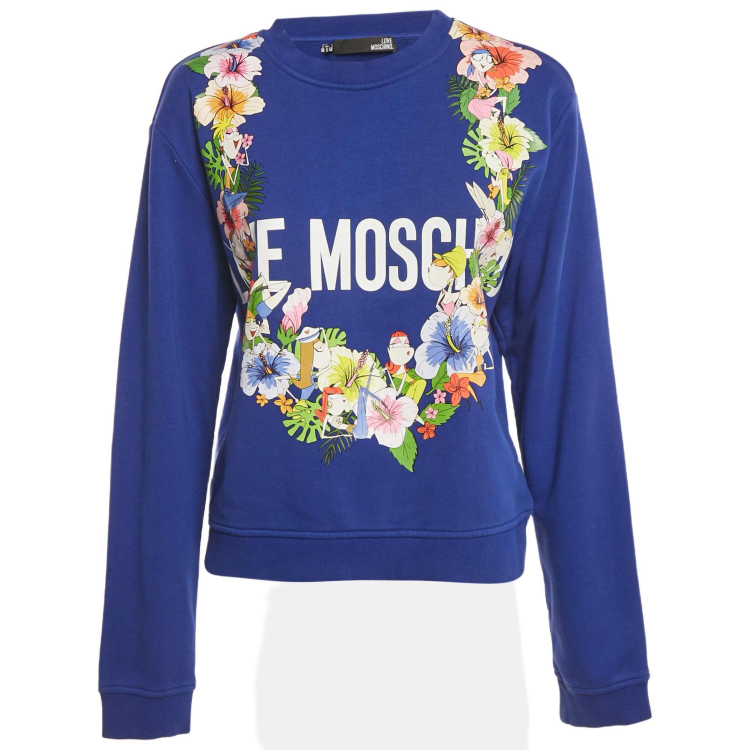 Women's Blue Printed Cotton Crew Neck Sweatshirt