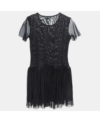 Women's Black Dotted Tulle Gathered Mini Dress