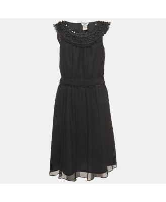 Women's Cheap and Chic Vintage Black Silk Midi Dress with Metal Embellished Neck