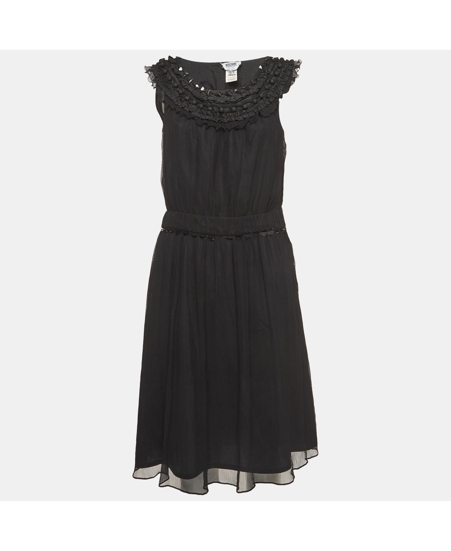 Women's Cheap and Chic Vintage Black Silk Midi Dress with Metal Embellished Neck