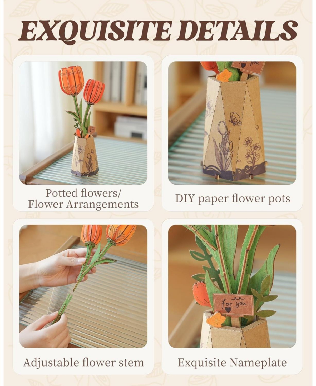 Robotime 3D Puzzles Tulip Diy Model Building Kits Artificial Flower Toys for Thanksgiving Mother's Valentine's Day