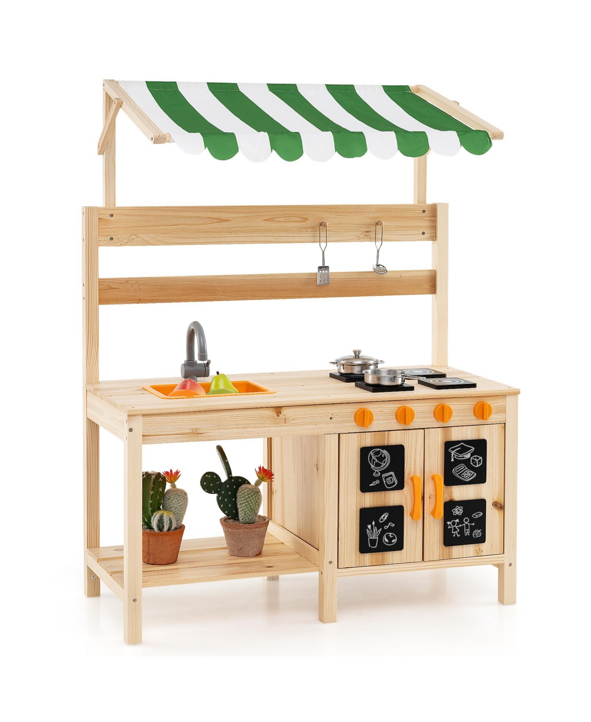 Hongge Outdoor Wooden Mud Kitchen Playset with Sink, Stove, and Canopy - Natural