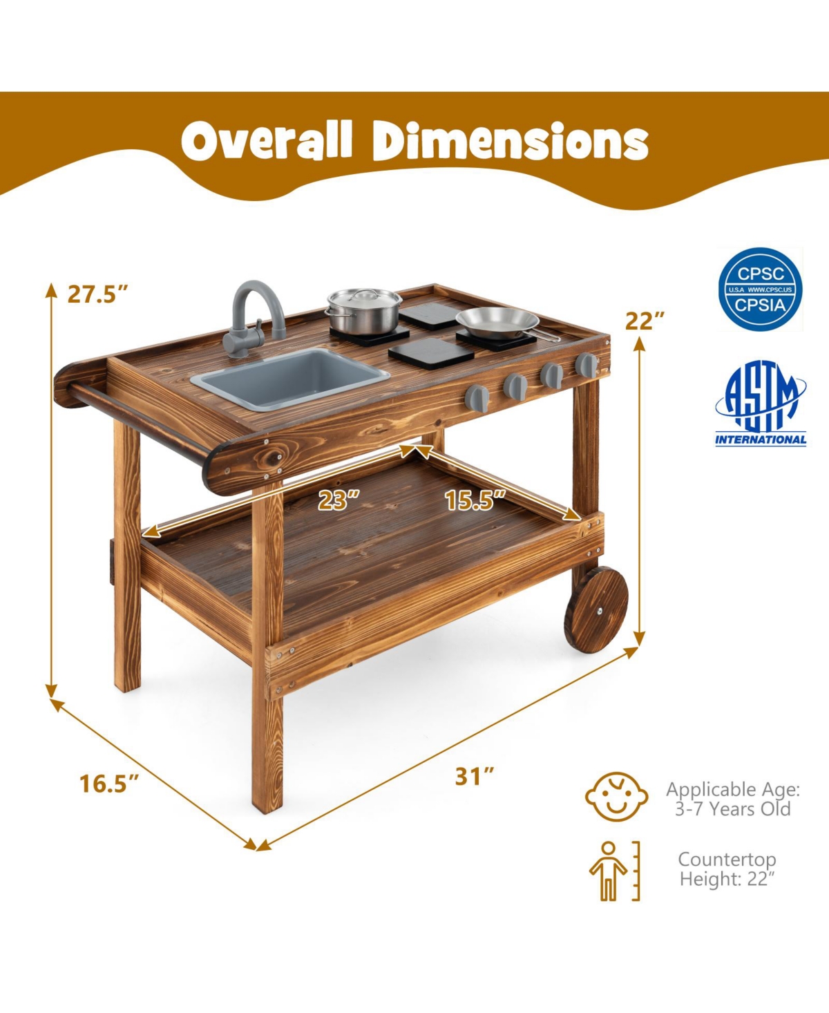 Skonyon Outdoor Movable Mud Kitchen with 2 Rolling Wheels and 1 Push Handle