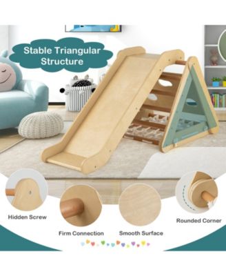 4 in 1 Triangle Climber Toy with Sliding Board and Climbing Net-Natural