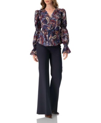 Women's V-Neck Printed Shirt With Smocked Sleeves