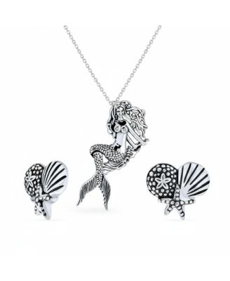 Nautical Mermaid Pendant Necklace with Sanddollar & Seashell Stud Earrings Jewelry Set Sterling Silver