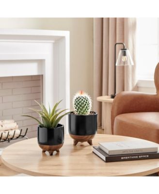 Milo Mortar Two Tone Flower Pot Planter Cachepot Set of 2 Sizes - Black and Walnut