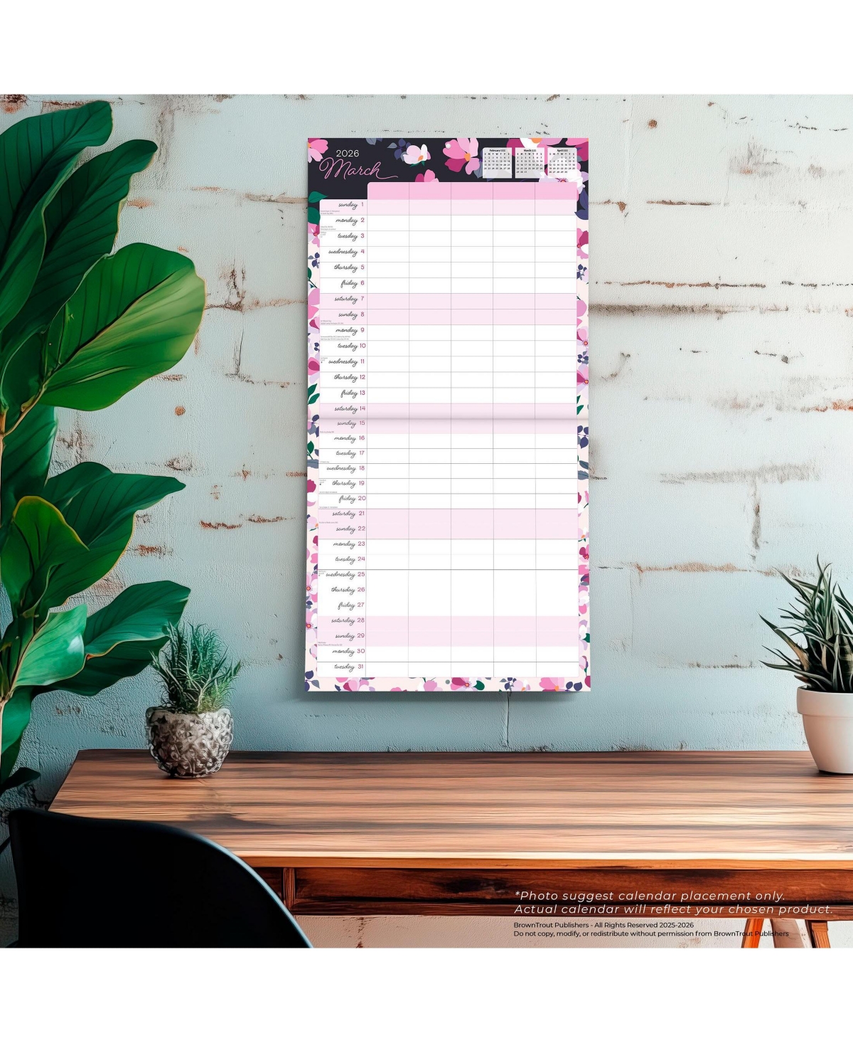 BrownTrout Mom's Family Planner | 2026 12 x 24 Inch (Hanging) Monthly Square Wall Calendar | Matte Paper and Sticker Sheet | Plastic-Free