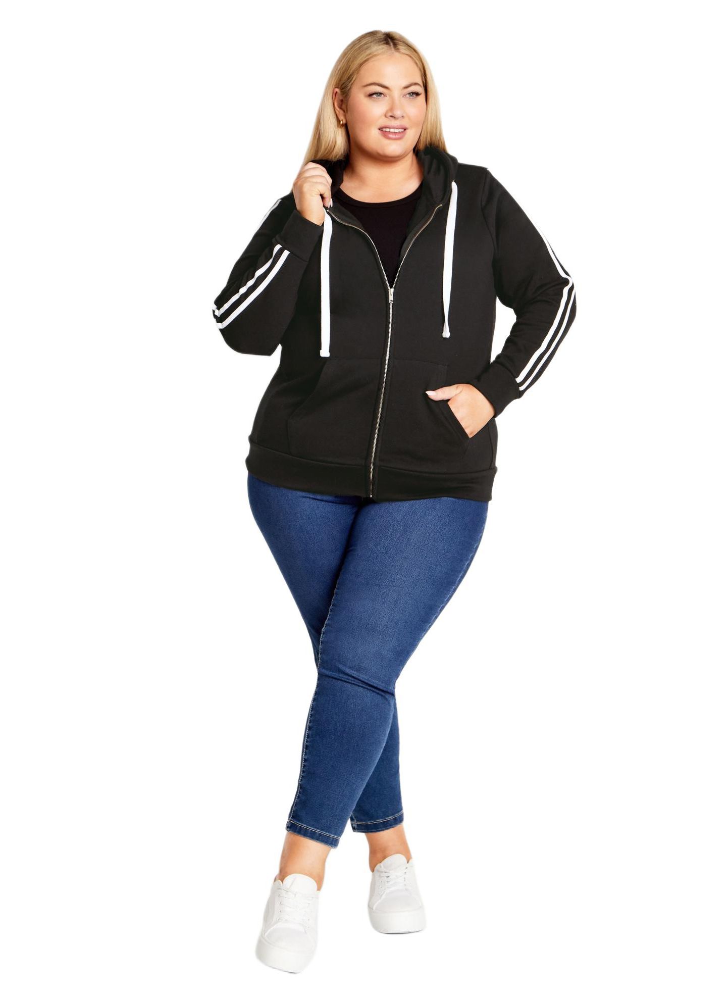 Женское худи AVENUE Plus Size Side Stripe Zip, цвет: Чёрный — фото 3