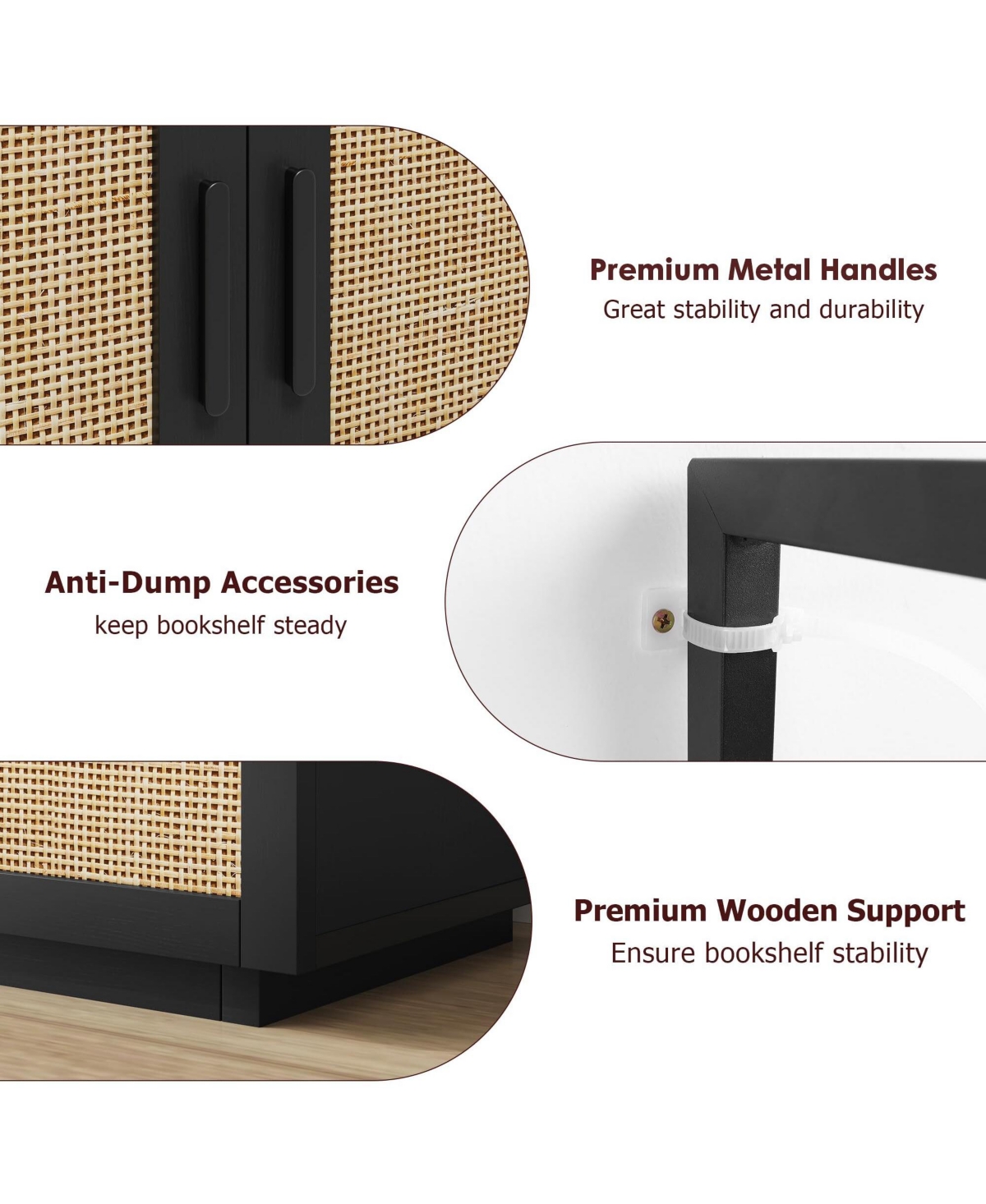 Gaomon 5 Tier Rattan Bookshelf with Storage Cabinet & Door, 5 Shelf Bookcase with Metal Frame for Living Room, Bedroom