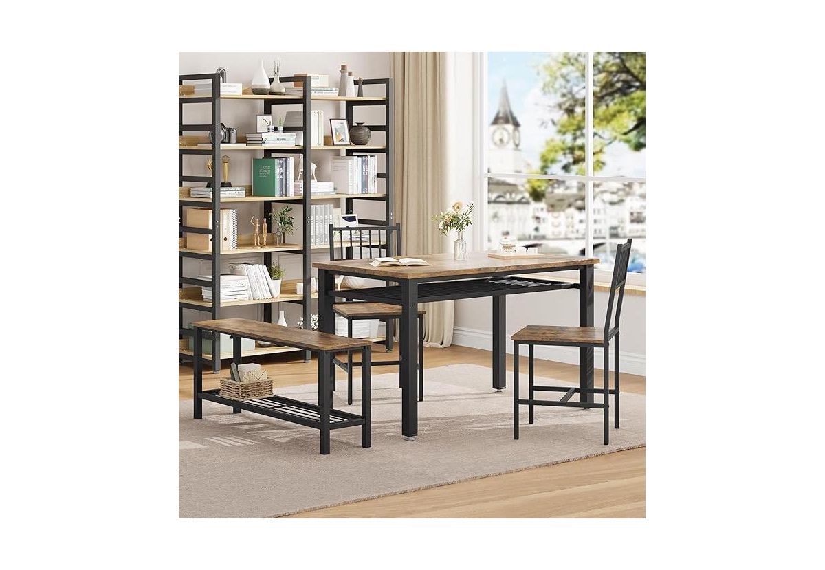 Gaomon Modern Kitchen Table Chairs Set Dining Table Set for 4 with Bench and Chairs,Kitchen Table Set with Storage Rack&Metal Frame