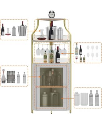 Farmhouse Wine Bar Corner Cabinet with Detachable Rack, Mesh Door, Glass Rack, and Storage for Kitchen and Dining Room,Gold