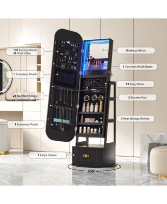 360&deg; Swivel Jewelry Cabinet with RGB Lights and Full-Length Mirror