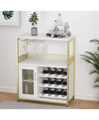Wine Bar Cabinet with Drawer, Shelves, Glass Holder, and Mesh Door, Small Sideboard for Liquor and Glasses
