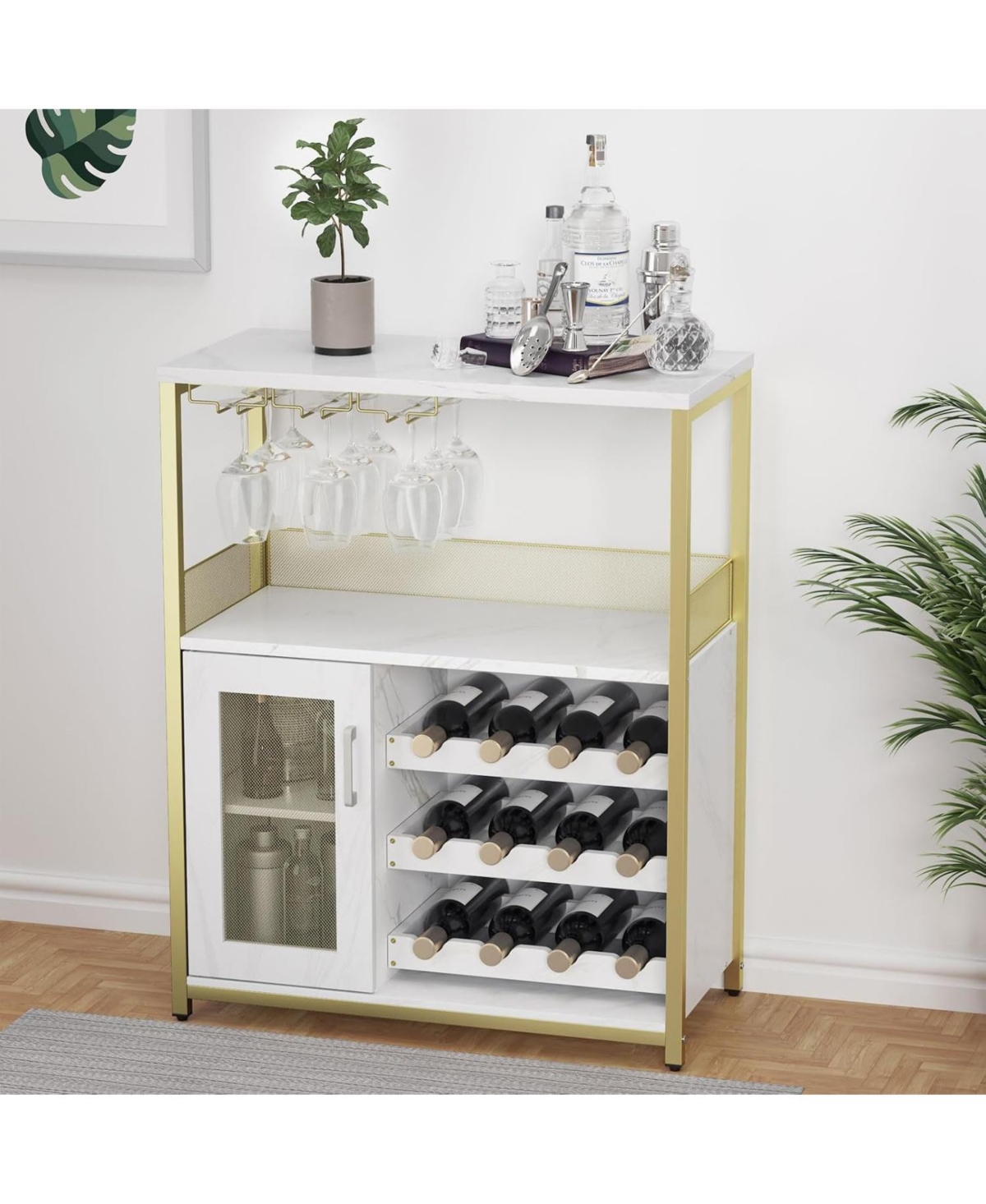 Gaomon Wine Bar Cabinet with Drawer, Shelves, Glass Holder, and Mesh Door