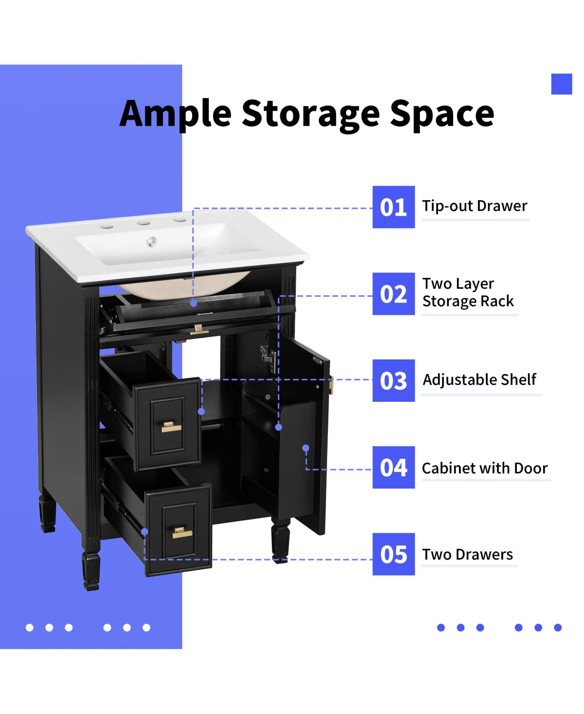 Casainc Freestanding Black Bathroom Vanity with Sink Flip Drawer and Adjustable Shelf