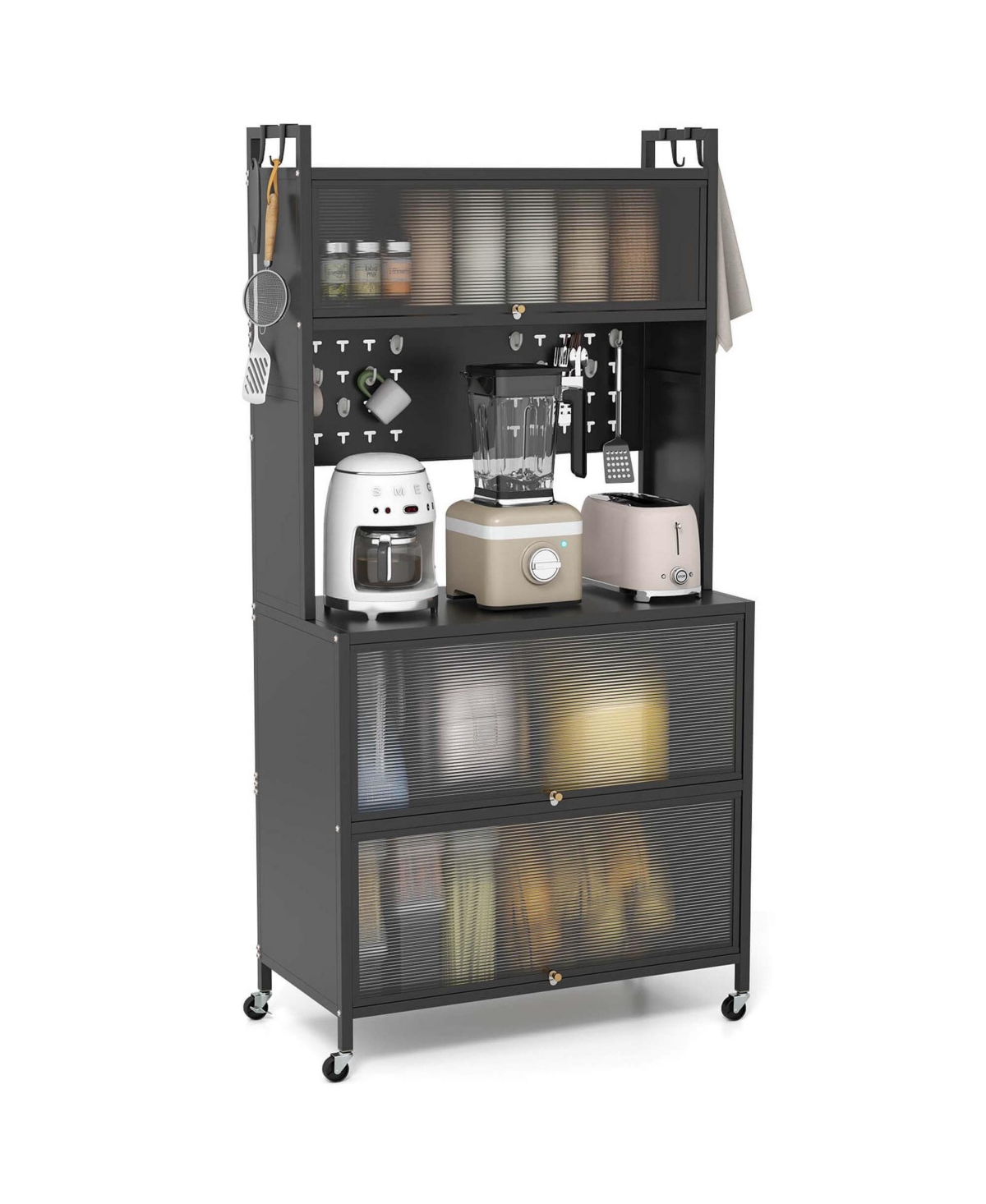 Costway 5 Tier Kitchen Bakers Rack Flip Door Cabinets Pegboard & Hooks