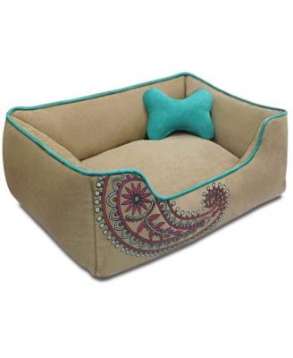 Plush Chenille-Embroidered Linen Dog Bed, Removable Washable Cover, with Squeaky Pillow with Baby Pink