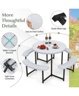 Round Picnic Table Set with 4 Benches and Umbrella Hole