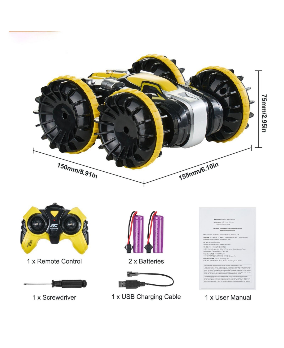 Mecale Amphibious Rc Car Boat, 2.4GHz 12 km/h 4WD Waterproof Car, 360° Rotating Stunt Vehicle with 2 Batteries, Toy for Kids 6+