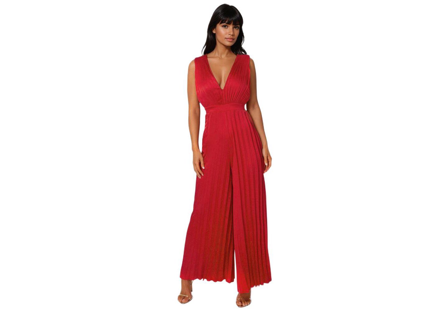 Женский комбинезон Bebe Bare Deep Vee Pleated Satin Jumpsuit, цвет: Красный — фото 1