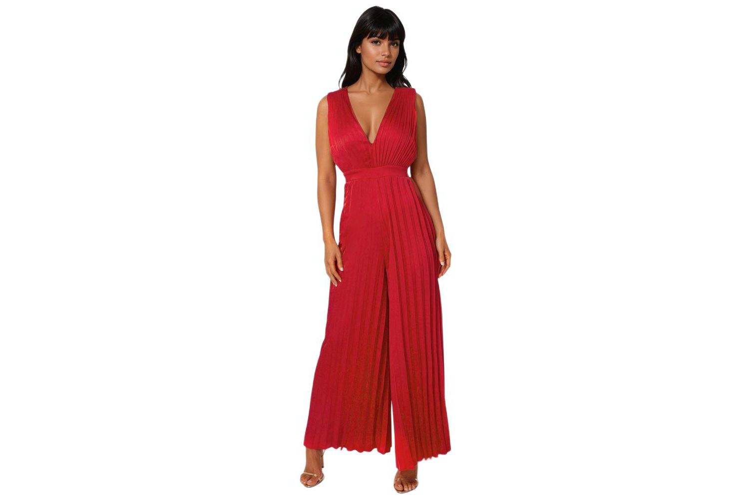 Women's Bare Deep Vee Pleated Satin Jumpsuit