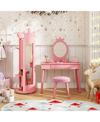 Kids Vanity Set Princess Makeup Dressing Table &Chair Set w/ Coat Rack