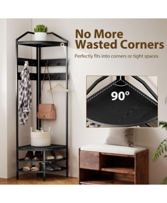 Corner Hall Tree, Coat Rack with Shoe Storage, Hooks, Shelves