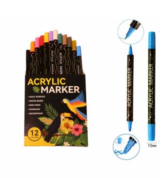 12 Colors Dual Tip Acrylic Paint Markers, Dot Tip and Fine Tip for Rock Painting, Ceramic, Canvas, Calligraphy, Card Making and DIY Crafts