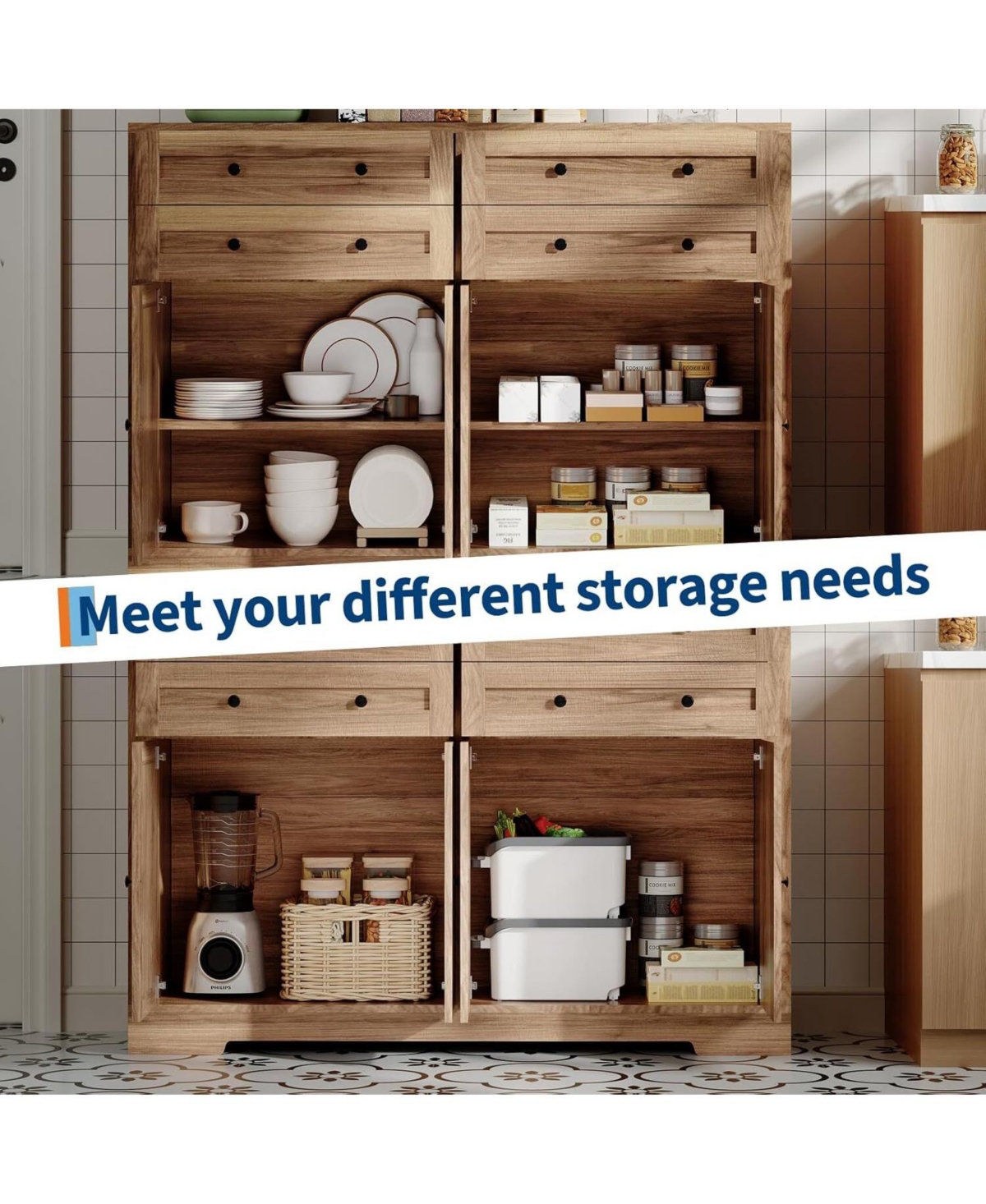 Gaomon Modern Farmhouse Buffet Cabinet with Storage, Wood Large Sideboard Storage 4 Doors & Drawers Coffee Bar.