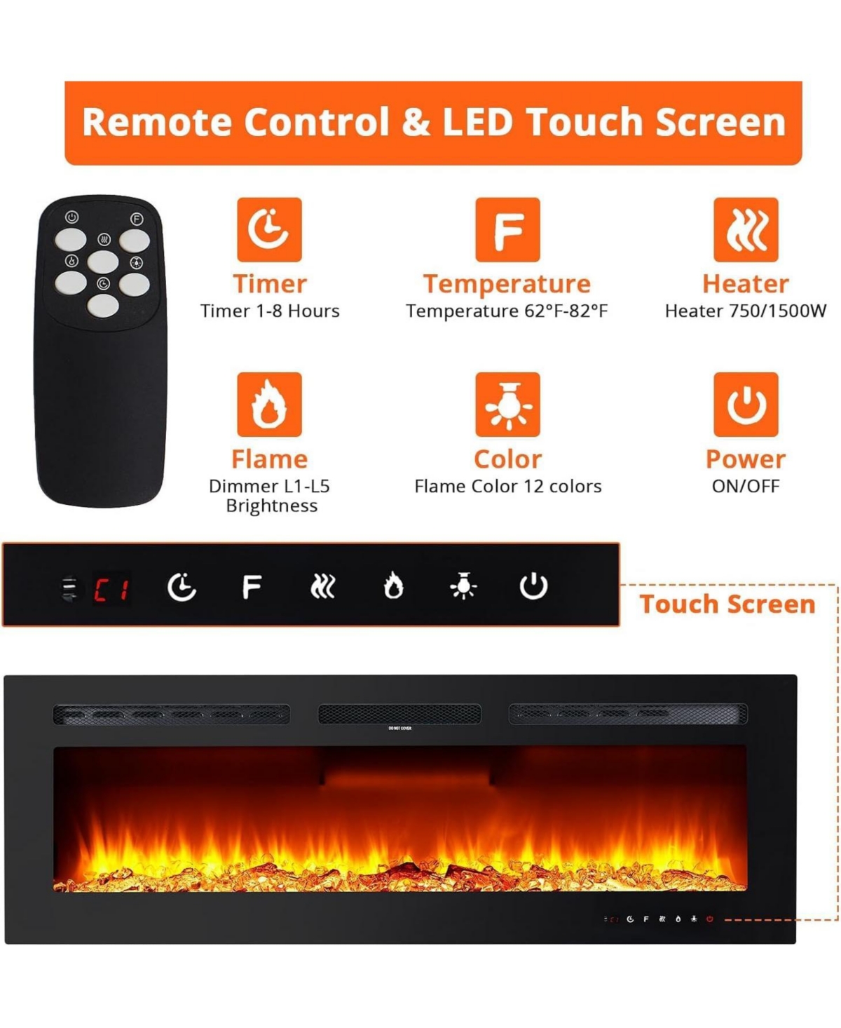 Gaomon 60" In-Wall Electric Fireplace, 12 Flame Colors, 900/1800W Heater, Timer, Adjustable Brightness, Log & Crystals