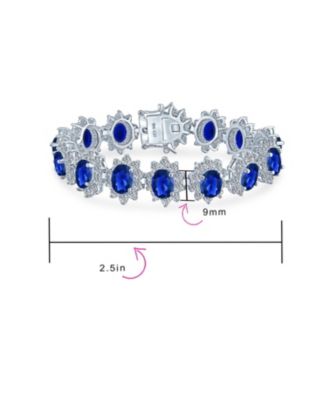 Art Deco Crown Halo Oval Blue Cubic Zirconia CZ Tennis Bracelet & Drop Earrings Jewelry Set Silver Plated