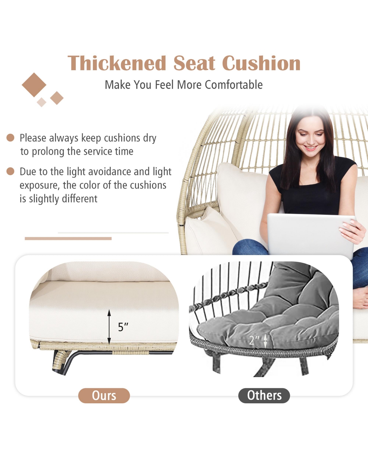 Costway Patio Oversized Rattan Egg Chair Lounge Basket with 4 Cushions for Indoor Outdoor