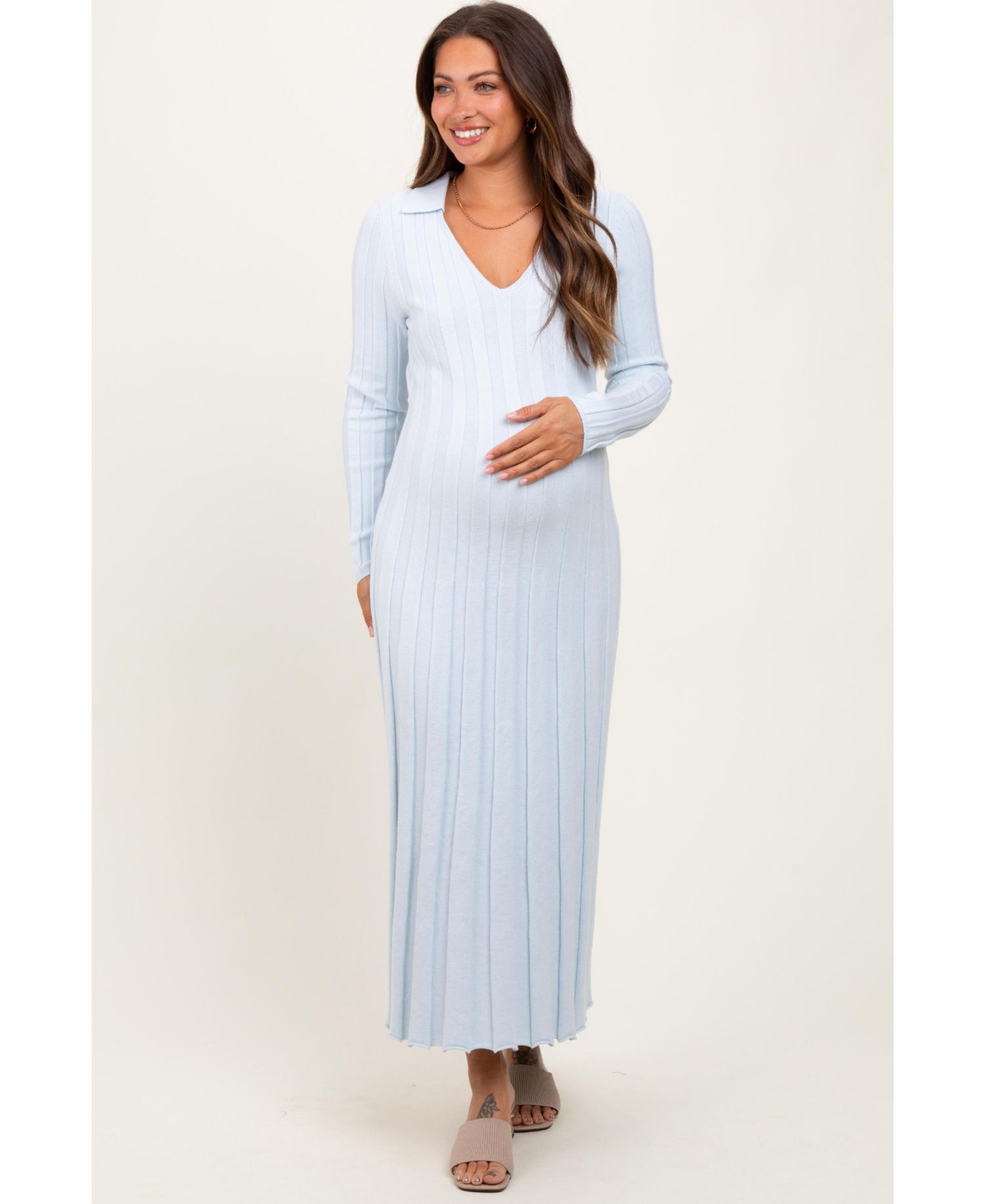 Maternity Light Blue Wide Ribbed Knit Collared Midi Dress