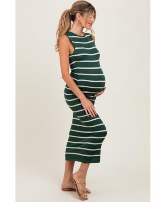 Maternity Forest Green Striped Sleeveless Knit Midi Dress