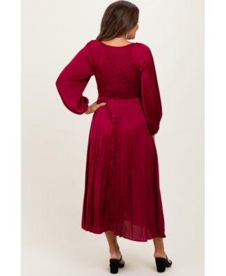 Maternity Burgundy Satin Smocked Pleated Midi Dress