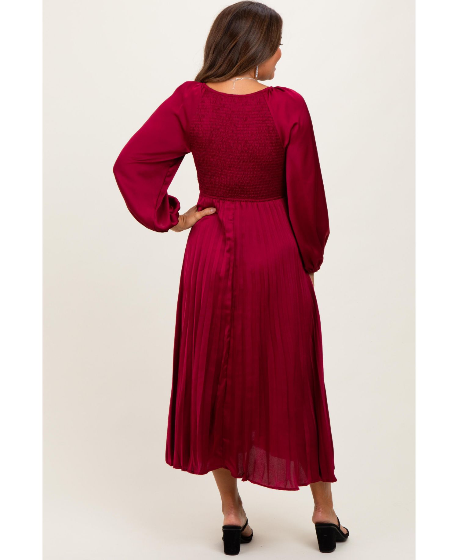 Women's Burgundy Satin Smocked Pleated Midi Dress