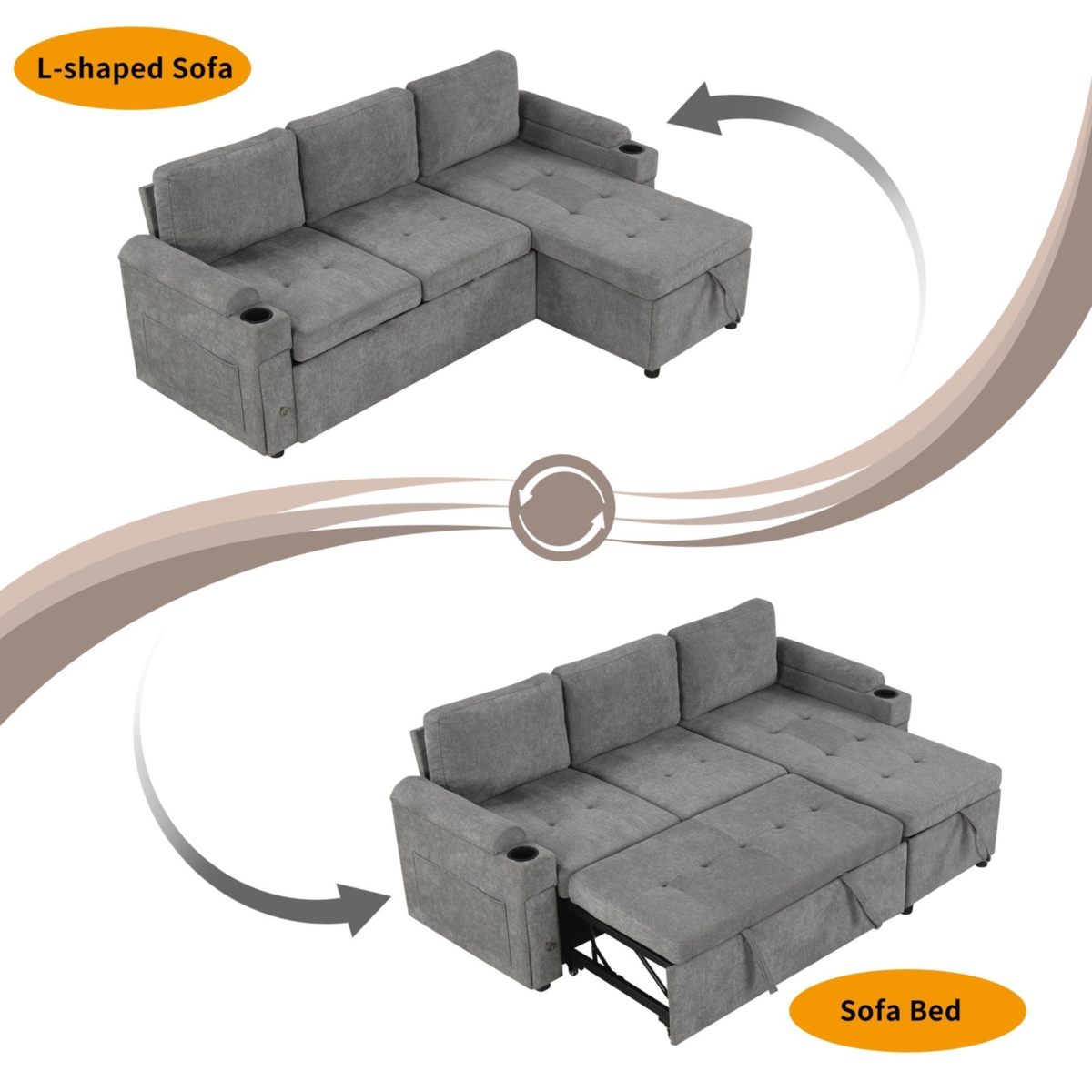 Boyel Living 83.5" L-Shaped Convertible Sofa Couch Bed Sectional with Storage, 2 Cup Holders & Usb Ports for Room