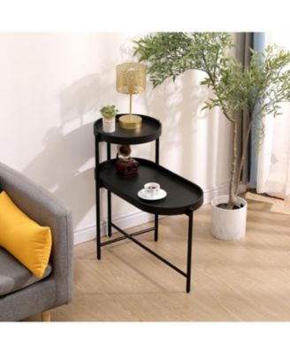 Black 2-Tier Side Table with Metal Frame and Wooden Storage