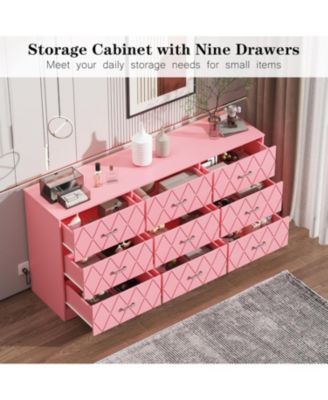 63'' Wooden Modern Chest 9 Drawer Dresser, Dresser with Power Outlet