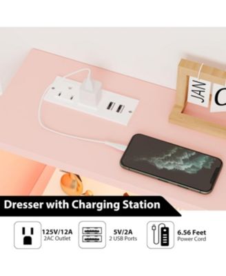 47 Inch 6 Drawer Dresser with LED Light Charging Station Storage Shelf Gold Legs Modern Drawer Cabinet for Bedroom Living Room